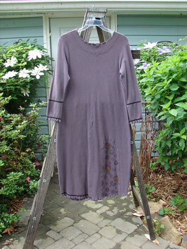 2000 Thermal Brann Dress Bubble Eggplant Size 1 displayed on a wooden ladder, highlighting ruffled accents, elastic lower arm bands, and a pegged lower hem.