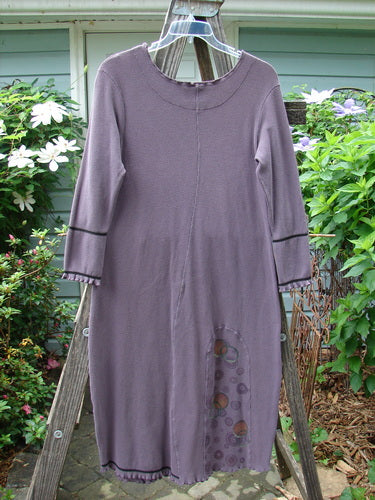 2000 Thermal Brann Dress Bubble Eggplant Size 1 displayed on a swinger, showcasing ruffled accents, elastic lower arm bands, a large front pocket, and a pegged lower hem.