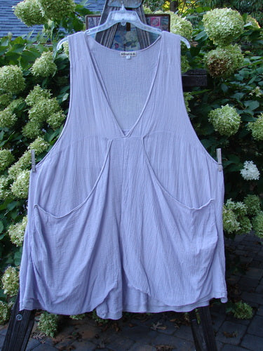 Barclay Gauze Farmer Jen Sleeveless Tunic Unpainted Lilac Size 2 hanging on a clothesline, featuring a deep V neckline, deep arm openings, and a widening lower A-line shape.