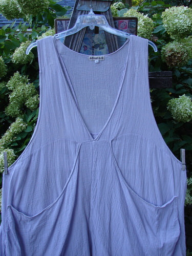 Barclay Gauze Farmer Jen Sleeveless Tunic Unpainted Lilac Size 2 displayed on a hanger, showcasing its deep V-neckline, A-line shape, and stacked lower pocket ensemble.