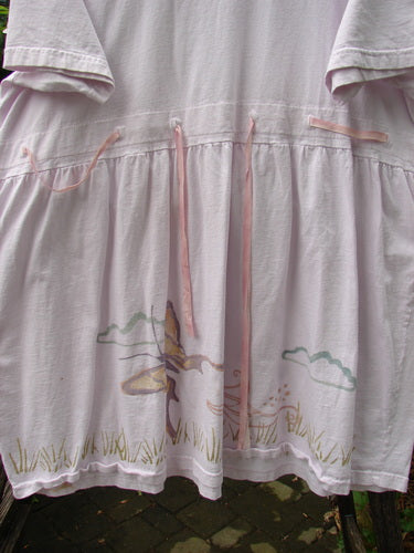 1999 Ribbon Dress Butterfly Orchid Size 2, close-up showing double-paneled rounded neckline, button hole accents, and adjustable empire waist with butterfly theme paint, vintage piece from BlueFishFinder.com.