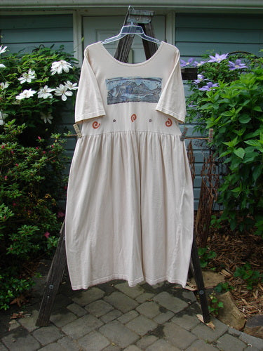 1996 Simple Dress Fish Birch Bark Size 2 on a rack, showcasing a slightly deeper rounded neckline, drop empire waist seam, gathered waistline fabric, widening lower, and full sweeping skirt with signature Blue Fish stamp.