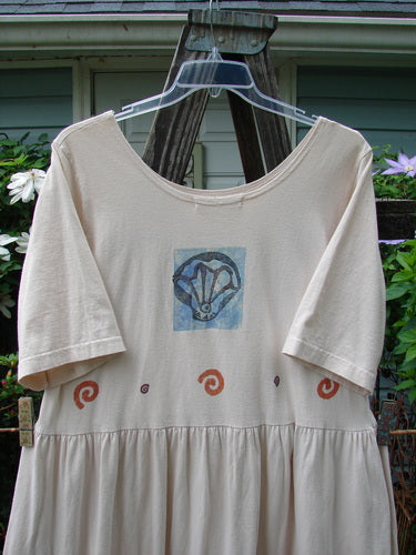 1996 Simple Dress Fish Birch Bark Size 2, featuring a blue fish design on white organic cotton, with a deeper rounded neckline and drop empire waist.