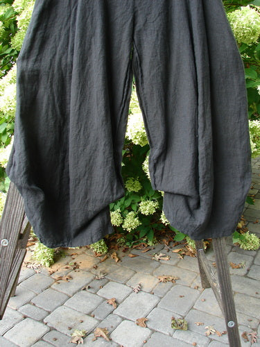 Barclay NWT Billow Pant on wooden ladder, size 2. Front drawstring waistline, unique bottom cut, mid-weight linen. No pockets, 3D diamond drape. 110 characters.