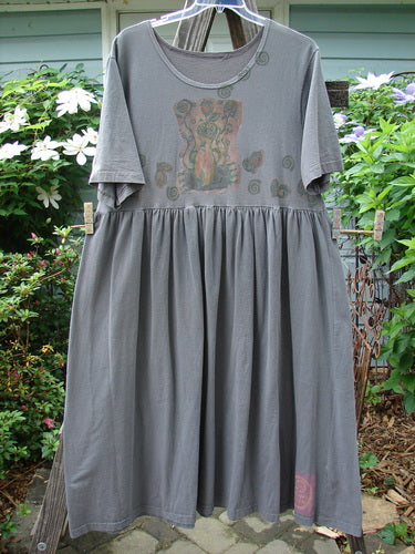 1992 Short Sleeved Simple Dress Vase Black Sand Size 1 featuring a semi-dropped waistline, full draping lower, wider neckline, and unique vase theme paint, adorned with a Blue Fish patch.