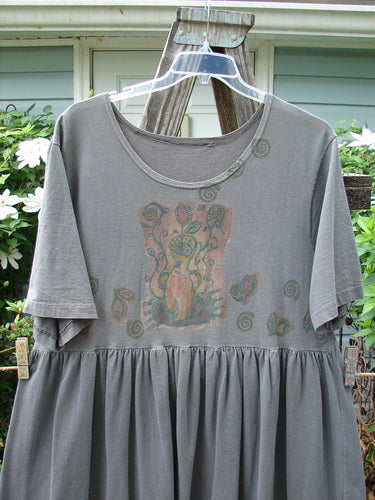 1992 Short Sleeved Simple Dress Vase Black Sand Size 1 featuring a semi dropped waistline, full draping lower, rounded neckline, and signature Blue Fish patch with a unique vase theme design.