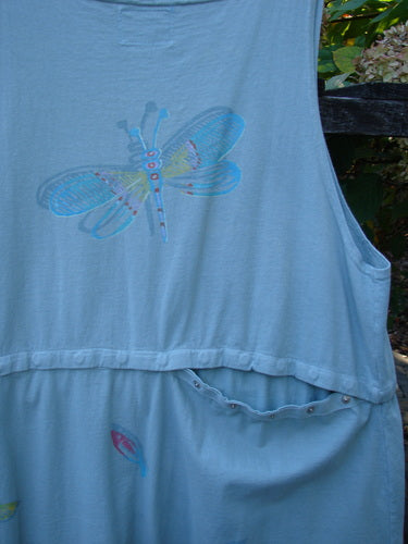 Barclay Little Tree Vest Dragonfly Fish Cucumber Size 1: A light-blue, sleeveless cotton dress with a dragonfly graphic and fish motifs, featuring a scooped front hemline and empire waist for a vintage look.