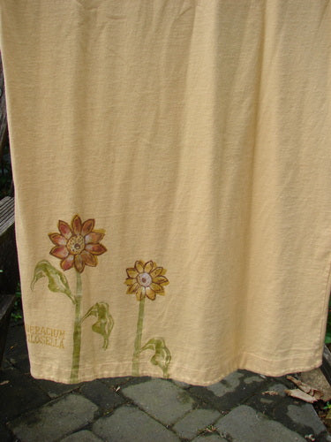 1998 Botanicals Calla Dress Tall Sunflower Sundial Dress Size 1, featuring painted sunflowers on organic cotton, softly folded neckline, drop shoulders, slightly pegged shape, and upward scooped hemline.