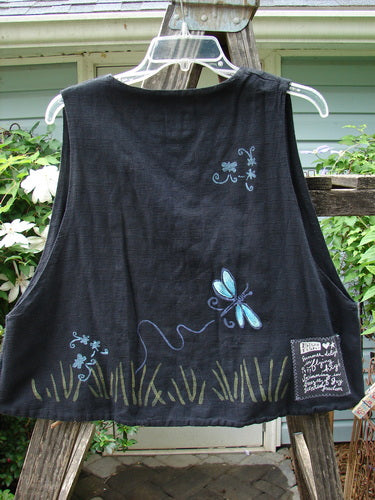 1999 Textured Linen Sunfish Vest Dragonfly Field Raven Size 1, featuring a dragonfly and grass design, three pearly buttons, deeper arm openings, and an upward scooped widening front hemline.
