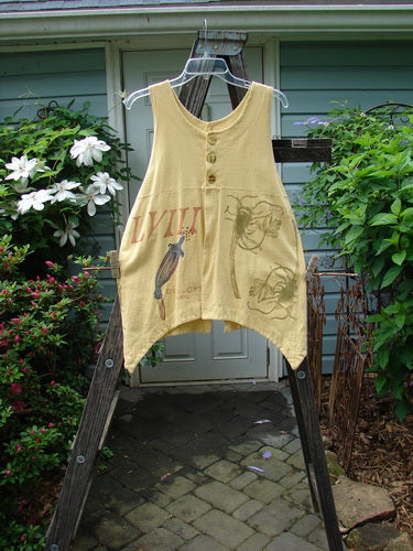 1998 Botanicals Aster Vest LVIII Sundial Altered Size 1 displayed on a hanger, showcasing its unique front and rear vents, wavy shell-like buttons, and deep rounded neckline, perfect for layering.