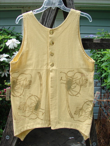 1998 Botanicals Aster Vest LVIII Sundial Altered Size 1 features a deep rounded neckline, empire waist seam, wavy shell buttons, and unique front and rear vents, ideal for layering.