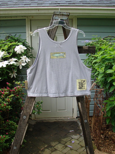 1999 Crop Tank Top Fish Mix Blue Bell Size 1 displayed on a wooden ladder, showcasing a scooped neckline and colorful fish theme paint.