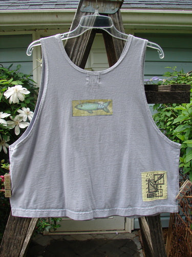 1999 Crop Tank Top Fish Mix Blue Bell Size 1, features a wide, scooped neckline and colorful mixed fish design on mid-weight organic cotton, perfect for layering or hot summer days.