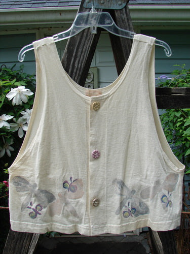 1999 Pinwheel Vest All Butterflies Dust Size 0, featuring organic cotton, butterfly pattern, porcelain buttons, wider arm openings, and flared hemline. Vintage Blue Fish Clothing, perfect condition.