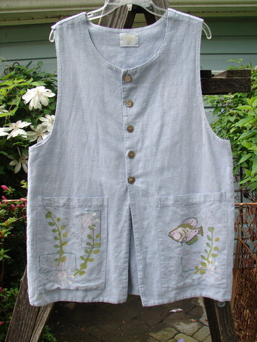 1999 Textured Linen 2 Pocket Vest Undersea Water Size 0, featuring a blue fish and plant design, with deeper arm openings, oversized front pockets, and pearl buttons, perfect for summer collections.