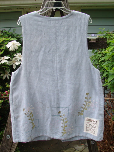 1999 Textured Linen 2 Pocket Vest Undersea Water Size 0: White apron-style vest with gold floral patterns, two oversized painted pockets, pearl buttons, and signature Blue Fish patch, ideal for summer collections.