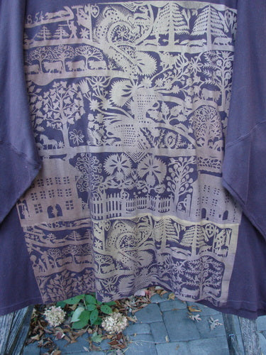 Barclay NWT Modern Square Top Metallic Village Loam Ogo OSFA displayed outdoors, showcasing intricate beige folk-art scenes on a muted purplish-brown backdrop, accentuating its creative and expressive design.