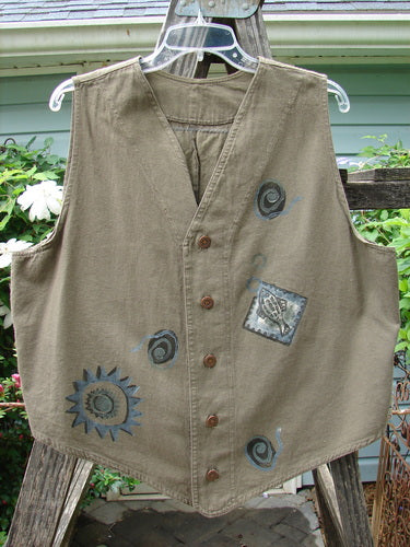 1995 Denim Invention Vest Fish Sun Bramble Altered OSFA: Light weight denim vest with metal buttons, draw cord back, varying hemline, and a classic fish and sun painted design.