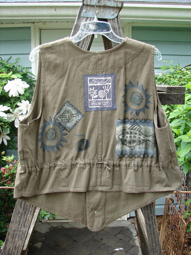 1995 Denim Invention Vest Fish Sun Bramble Altered OSFA featuring a painted fish and sun theme, metal buttons, draw cord back, and varying hemline, showcasing vintage Blue Fish Clothing's creative and durable design.