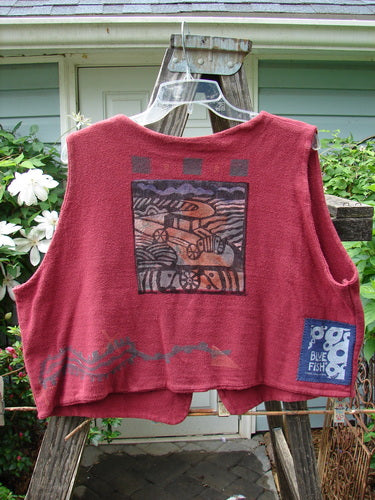 1995 Reprocessed Jazz Vest Vintage Car Hollyberry Altered Size 2 features a vibrant car-themed painting, deep V-neck, single button closure, and a signature bright blue fish patch.
