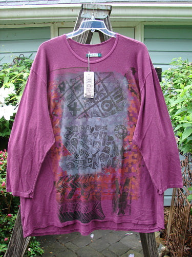 Barclay NWT Hemp Cotton Long Sleeved Studio Tee in Knick Knack Tyrian Berry Size 2 displayed on a hanger, showcasing a rounded neckline, drop shoulders, wide sleeves, and a generous shape.