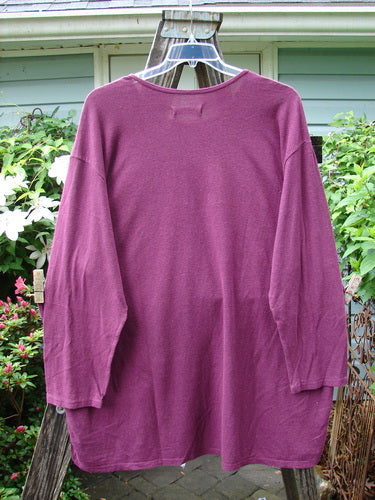 Barclay NWT Hemp Cotton Long Sleeved Studio Tee in Knick Knack Tyrian Berry Size 2, displayed on a clothes rack, featuring a rounded neckline, drop shoulders, and wide sleeves.