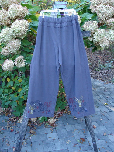 Barclay Wide Leg Bottom Panel Pant Treehouse Brum Size 2, featuring loose-fit wide legs, elastic waistband with drawstring, and decorative floral embroidery on lower hems, suspended outdoors, reflecting Bluefishfinder.com's unique vintage aesthetic.