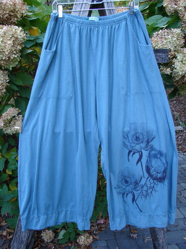 Barclay Lightweight Crop Nepenthe Pant Poppy Garden Blue Teal Size 2 features light-blue, loose-fitting design with elastic waistband, wide cropped legs, floral print, inset pockets, and rolled hems, perfect for casual wear.