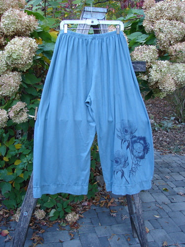 Barclay Lightweight Crop Nepenthe Pant Poppy Garden Blue Teal Size 2, featuring loose, wide legs with a floral motif near the hem, hanging from a wooden ladder in a garden setting.