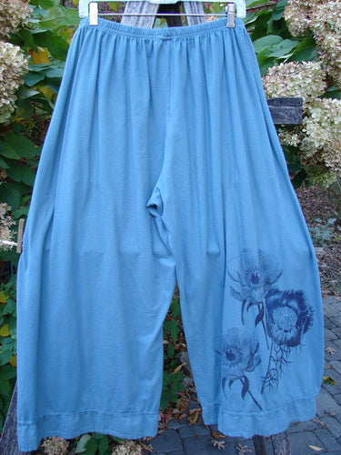Barclay Lightweight Crop Nepenthe Pant Poppy Garden Blue Teal Size 2 features wide-leg design, floral motif on one leg, and an elastic waist, hanging outdoors amidst garden foliage.