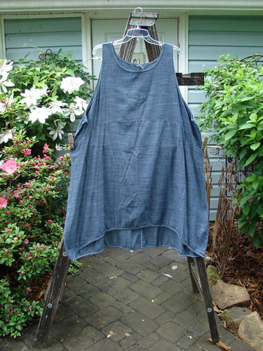 Barclay Lightweight Linen Pinafore Shift in Unpainted Blue Denim Stripe, Size 2, displayed on a wooden rack.