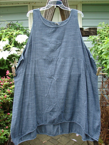 Barclay Lightweight Linen Pinafore Shift Unpainted Blue Denim Stripe Size 2 hanging on a clothesline outdoors.