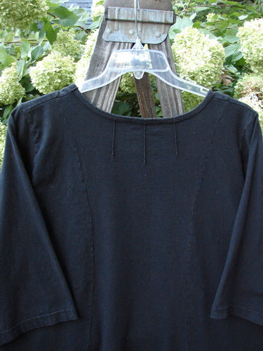 Barclay Sunrise Pin Tuck Pocket Tunic Unpainted Black Size 2 displayed on a clear plastic swinger, showcasing its deeper rounded flat neckline, A-line shape, and two lower front pockets.