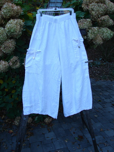 Barclay Linen Button Tab Tool Pocket Pant Unpainted Orchid Size 2, showcasing wide-leg cropped design with multiple flap/button pockets, hangs outdoors, highlighting its lightweight linen blend fabric and versatile styling.
