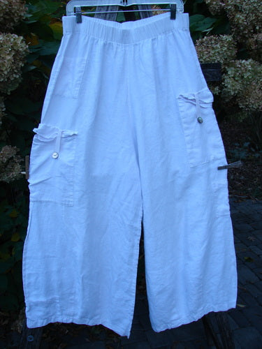 Barclay Linen Button Tab Tool Pocket Pant Unpainted Orchid Size 2 features wide-leg cropped design, elastic waistband, and multiple patch pockets with button-flap details, showcasing vintage style from Bluefishfinder.com.