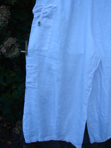 Barclay Linen Button Tab Tool Pocket Pant Unpainted Orchid Size 2 displayed outdoors, featuring a loose weave, side patch pocket with button, decorative waistband ties, wide legs, and multiple varied-sized pockets.