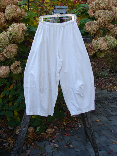 The 1999 4 Square Pant in Unpainted Natural Size 1, loose-fitting with a unique 3D diamond cut from the knee down, hangs outdoors, showcasing its drape and deep side pockets.