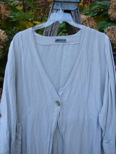 Barclay Hemp Silk Single Button Cardigan Unpainted Dew Size 2, featuring a deep V-neck, wide banded sleeves, and a single shell button, elegantly draped on a wooden ladder.