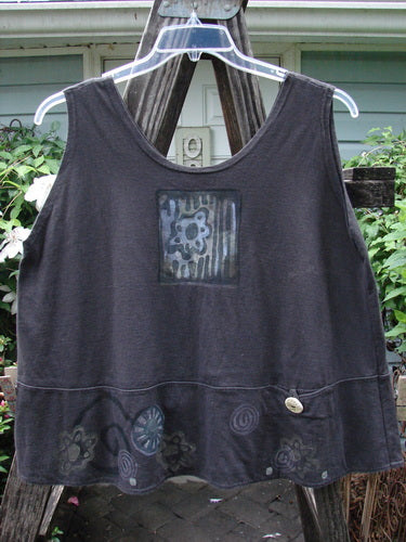 1995 Klee Top Flower Power Shadow Altered Size 2: Black tank top with scooped neckline, signature Blue Fish patch, hand-stamped ceramic button, and floral design. Mid-weight cotton with swingy A-line shape.