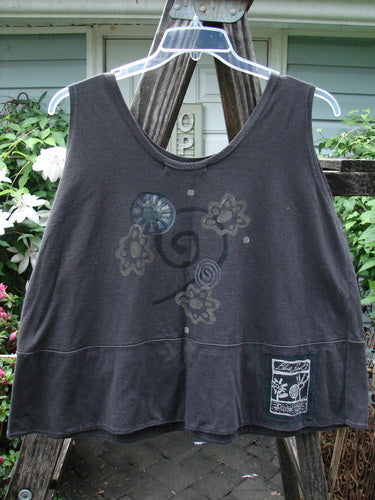 1995 Klee Top Flower Power Shadow Altered Size 2, featuring a scooped neckline, swirl design, and a unique double-layered hem with a hand-stamped ceramic button on the pocket.