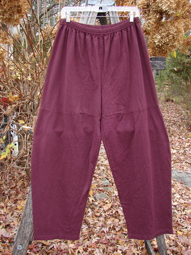 Barclay Quadrant Pant Unpainted Burgundy Size 1, featuring loose-fitting, ankle-length design with elastic waistband and horizontal thigh seams, crafted from organic cotton, displayed outdoors among autumn leaves.