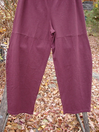 Barclay Quadrant Pant Unpainted Burgundy Size 1, draped over a wooden support outdoors, showcasing its unique loose fit and full elastic waistline, crafted from organic cotton, ideal for fall wear.