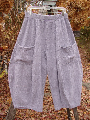 Barclay Pucker Crop Mojo Pant Unpainted Lavender Size 1, featuring a 3D diamond cut from knee down, elastic waistband, and oversized patch pockets. Displayed on a hanger outdoors with dried leaves.