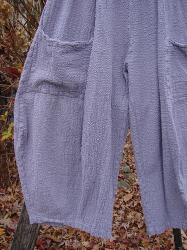 Barclay Pucker Crop Mojo Pant Unpainted Lavender Size 1, featuring crinkled texture, wide legs, deep patch pockets, and a unique 3D diamond cut from knee down, hanging outdoors.
