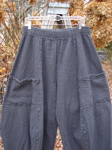 Barclay Pucker Crop Mojo Pant Unpainted Ironworks Size 1, featuring loose crinkle-textured fabric, elastic waistband, and large thigh patch pockets, hanging outdoors, showcasing unique 3D diamond cut from knee down.