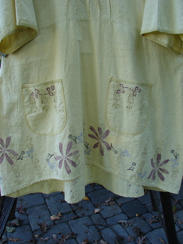 Barclay Linen Duet Sunrise Dress Roman Goddess Sunshine Size 2 with vertical pleats, empire waistline, and front pockets, showcasing floral and Roman goddess patterns in tightly woven linen fabric.