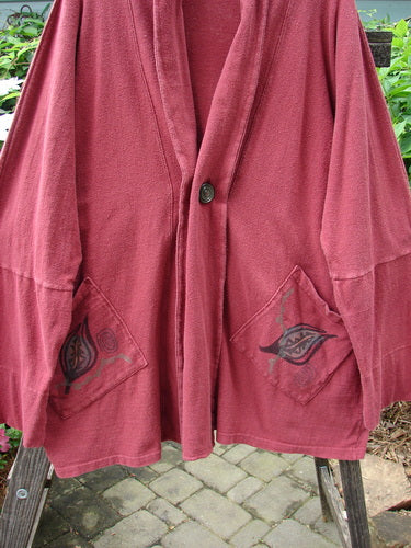 1995 Reprocessed Deco Jacket Antique Car and Leaf Hollyberry OSFA, featuring oversized diagonal front pockets, double button hole, Dolman shoulders, and a stand-up rear collar.