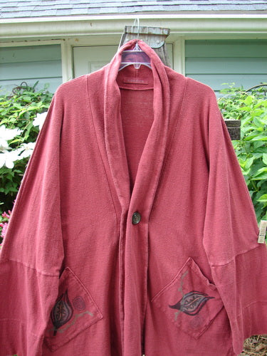 1995 Reprocessed Deco Jacket Antique Car and Leaf Hollyberry OSFA displayed on a hanger, showcasing its dense cotton texture, double buttonhole, deep V neckline, and two oversized front pockets.