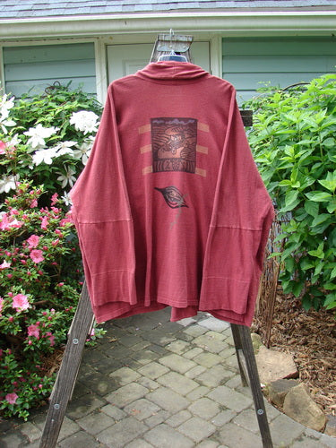 1995 Reprocessed Deco Jacket Antique Car and Leaf Hollyberry OSFA displayed on a rack, featuring a dense, nubby texture, double buttonhole, drop dolman shoulders, and front leaf graphic design.