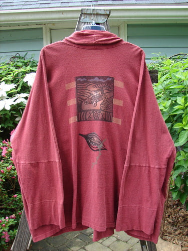 1995 Reprocessed Deco Jacket Antique Car and Leaf Hollyberry OSFA featuring a dense cotton texture, double button hole, drop dolman shoulders, deep V neckline, and front oversized painted pockets.